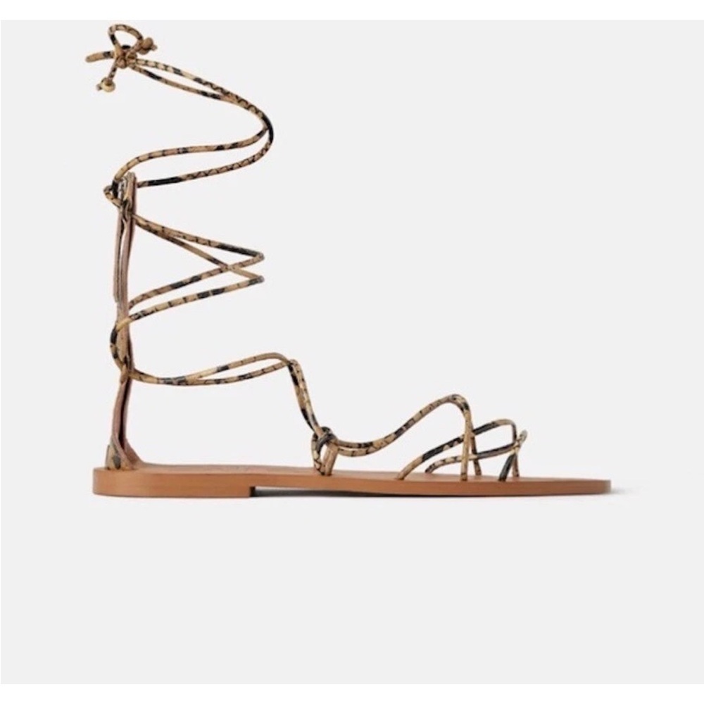 Zara Leopard Print Lace-Up Gladiator Sandals Flat Wrap Sandals size 7